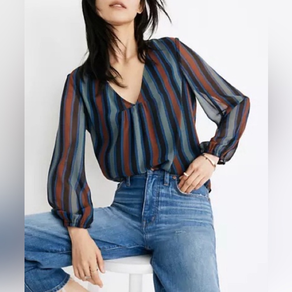 Madewell Sheer-Sleeve Top in Academy Stripe Sz S
